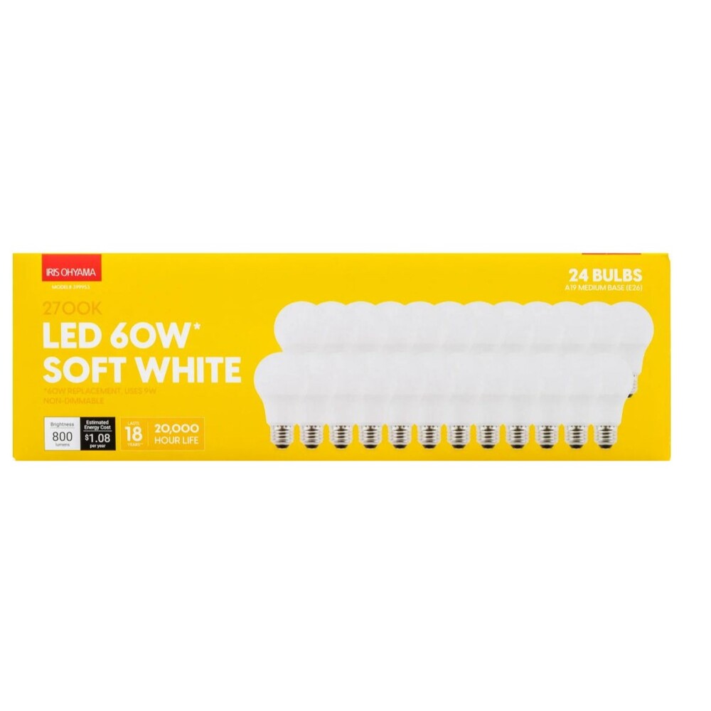 IRIS USA 24 Pack Non-Dimmable A19 LED Light Bulb, 2700K 9W (60W Equivalent), Sof